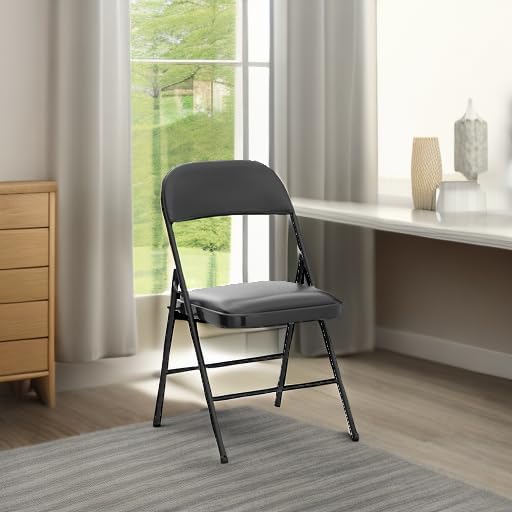 Nazhura Folding Chairs with Padded Vinyl Cushion Chairs with Comfortable Cushion and Durable Steel Frame for Home and Office, for Indoor and Outdoor Events (Black, Vinyl, 4 Pack)