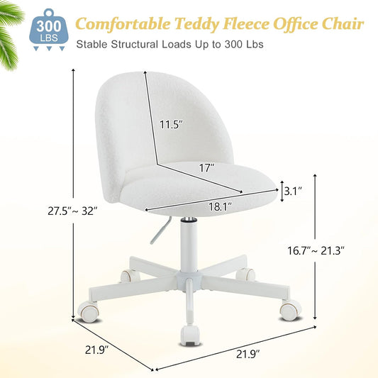 VINGLI Modern Vanity Chair with Back, Teddy Fleece Swivel Desk Chair for Girls, Adjustable Small Office Chair with Silent Wheels & Lumbar Support, Stylish and Comfortable, White