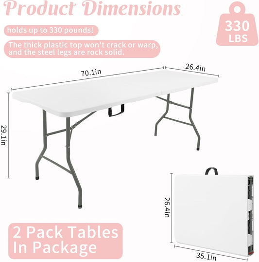 Fivenl 2 Pack 6 Feet Portable Folding Table White, Steel Legs Fold-in-Half with Carrying Handle Rectangular Plastic Foldable Table for Party, Wedding, Camping, Picnic, Dining, Indoor Outdoor Events