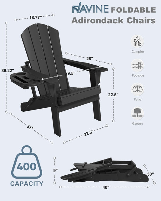 NAVINE Folding Adirondack Chairs Set of 4 with 4-in-1 Cup Holder, Black