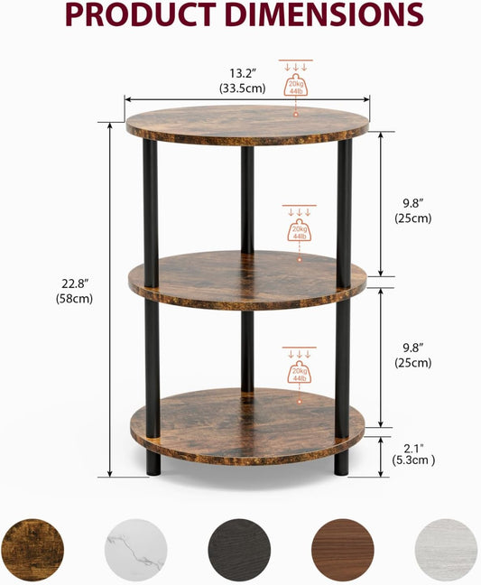 XBurmo Small Round Coffee Table - 3 Tier Design Accent Table, Narrow Side or Bedside Stand, Industrial Vintage Nightstand for Bedroom, Living Room, or Small Spaces, Rustic Brown