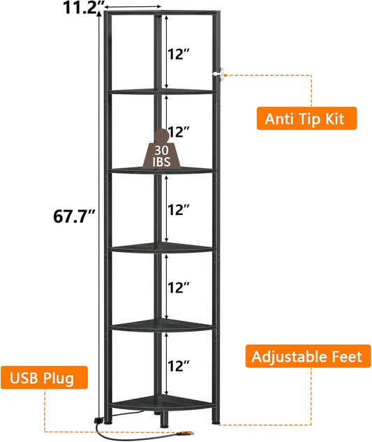 Furnulem 6 Tier Corner Shelf with LED Light, 67.5" Black Narrow Bookshelf