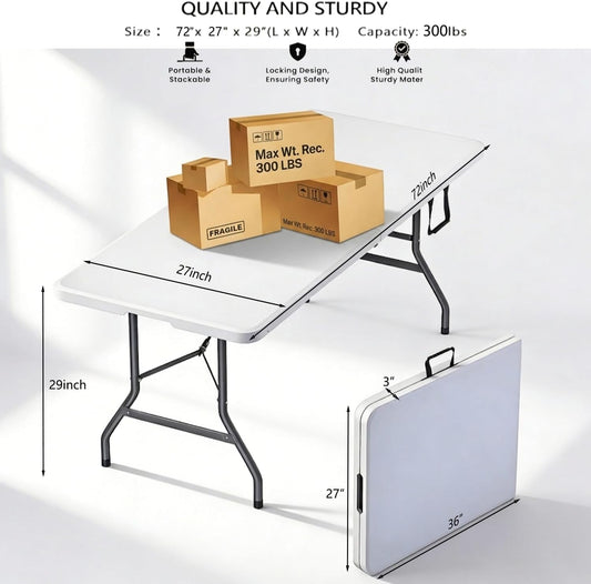 6FT Folding Table,Portable White HDPE Utility Table with Carry Handle