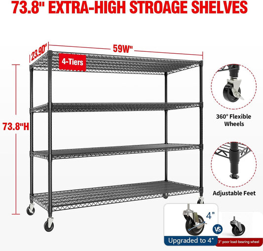 Garvee 4-Tiers Storage Shelves 2640LBS Heavy Duty Metal Shelves with Wheels