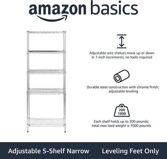 Amazon Basics 5-Shelf Adjustable Storage Shelving Unit for Garage, Steel Wire Rack, 200 Pound Loading Capacity per Shelf, 23.2" x 13.4" x 60", Chrome Finish