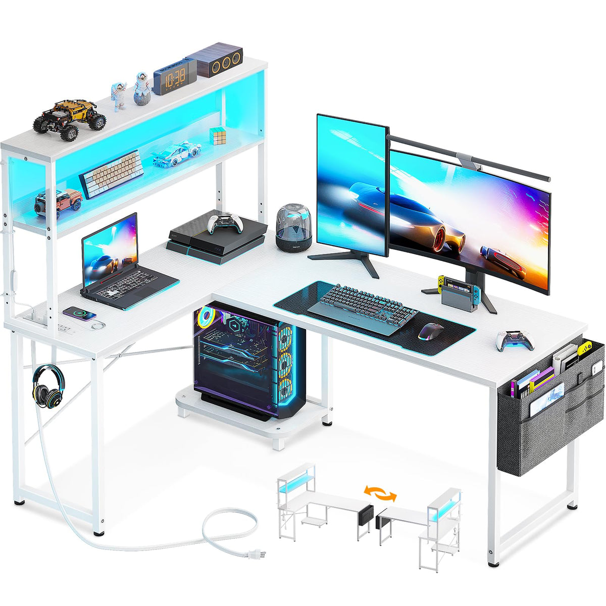 AODK L Shaped Desk Gaming Desk with LED Light & Power Outlet