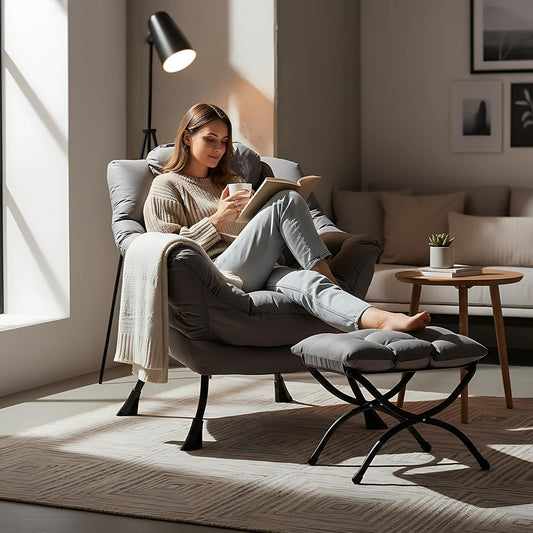 Welnow Lazy Chair with Ottoman, Reading Chair with Footrest,Dark Grey
