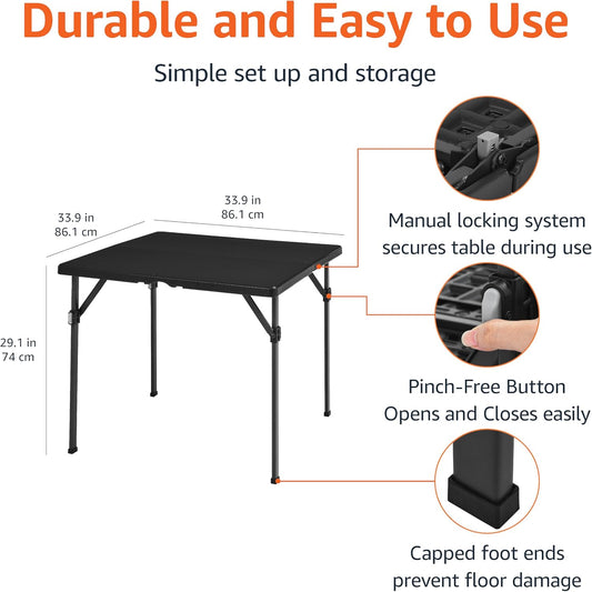 Amazon Basics 34 inch Portable Sturdy Folding Dining Table with Carrying Handle, Space Saving Storage, Square, 33.9 x 29.1 x 33.9 inch, Black