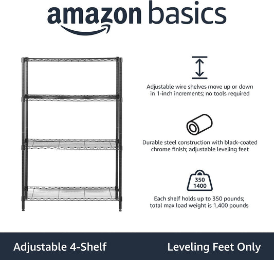 Amazon Basics 4-Shelf Adjustable Heavy Duty Steel Wire Rack Storage Shelving, Sturdy Garage Shelving, 350 lbs Capacity Per Shelf, Easy No-Tool Assembly, 36" x 14" x 54", Black