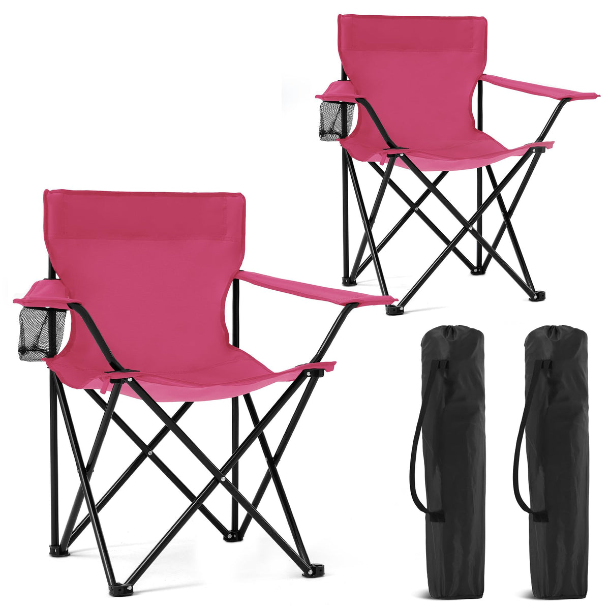 2 Pack Portable Camping Chairs Folding Lawn Chair Outdoor Lightweight Beach Chair with Cup Holder & Carry Bag for Outside Sports, Fishing, Hiking, Travel, Picnic, Backyard (Black-Dark)