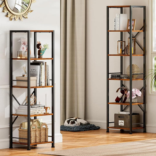 Furologee 6 Tier Bookshelf, Tall Narrow Bookcase, Rustic Brown
