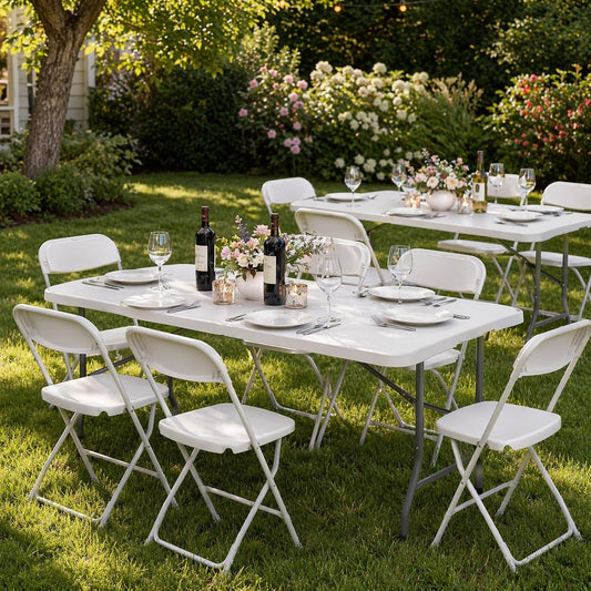Set of 2 Folding Table 6 FT Lightweight Camping Table White Portable Plastic Rectangular Outdoor Dining Table Steel Legs Fold-in-Half with Carrying Handle for Indoor,Picnic,Party,Wedding,Events