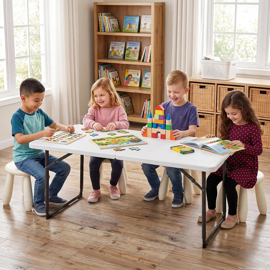 Folding Table, 4 FT Foldable Plastic Table with Adjustable Height, Heavy Duty Fold in Half Utility Table, Portable Picnic Table for Camping, Parties, RV Travel, Banquet