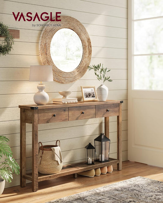 VASAGLE 47.2" Narrow Console Table with 3 Drawers and Open Storage Shelf