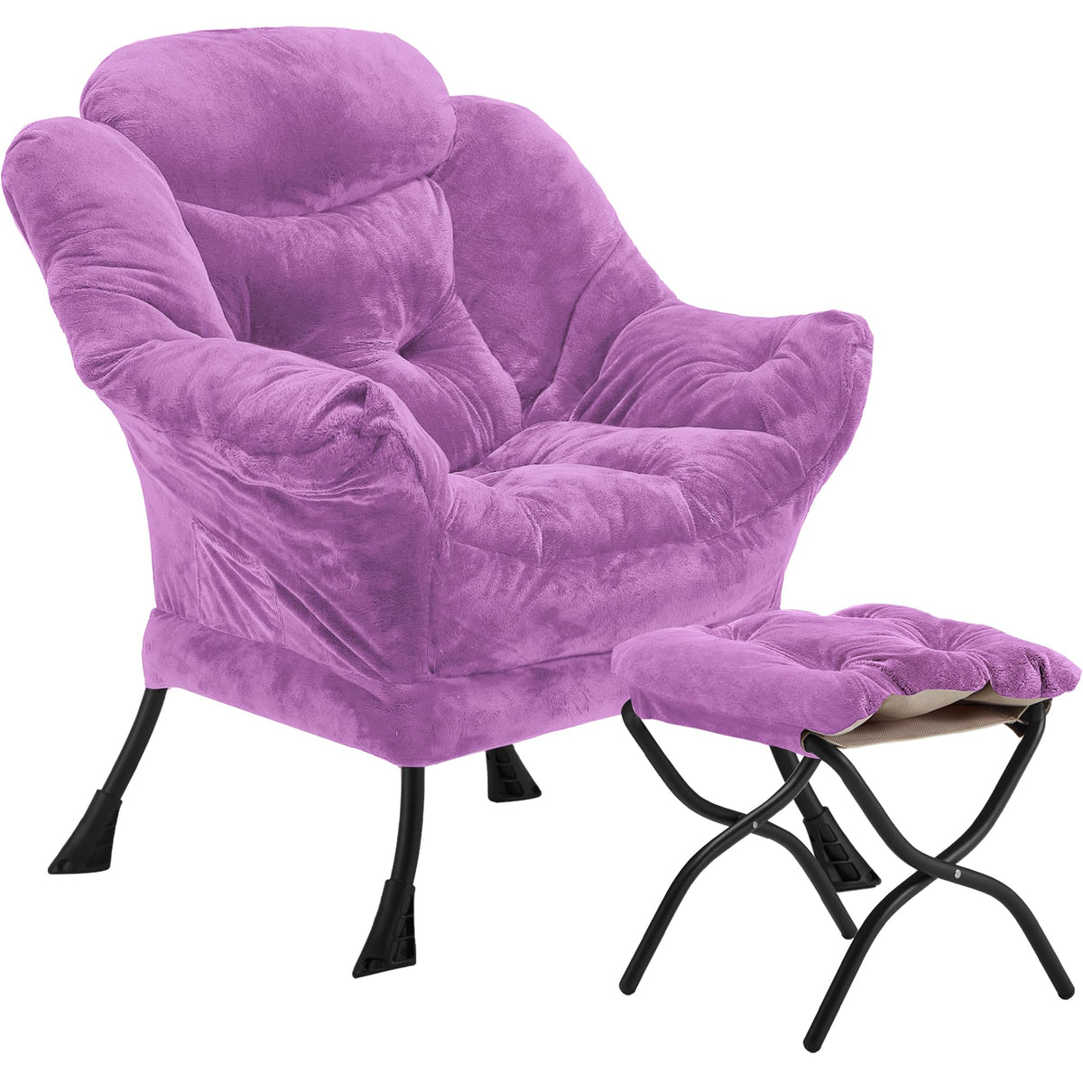 Youtanic Lazy Chair with Folding Ottoman, Accent Chair Velvet Upholstered with Metal Structure and Non-Slip Pads, Sofa Armchair with Footrest and Side Storage Bag for Dorm, Room, Office, Black