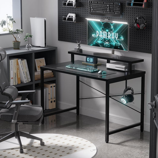 Pamray 32 Inch Small Computer Desk with Monitor Stand, Simple Office Desk with Headphone Hook for Small Spaces, Kids Study Writing Table for Bedroom, Black