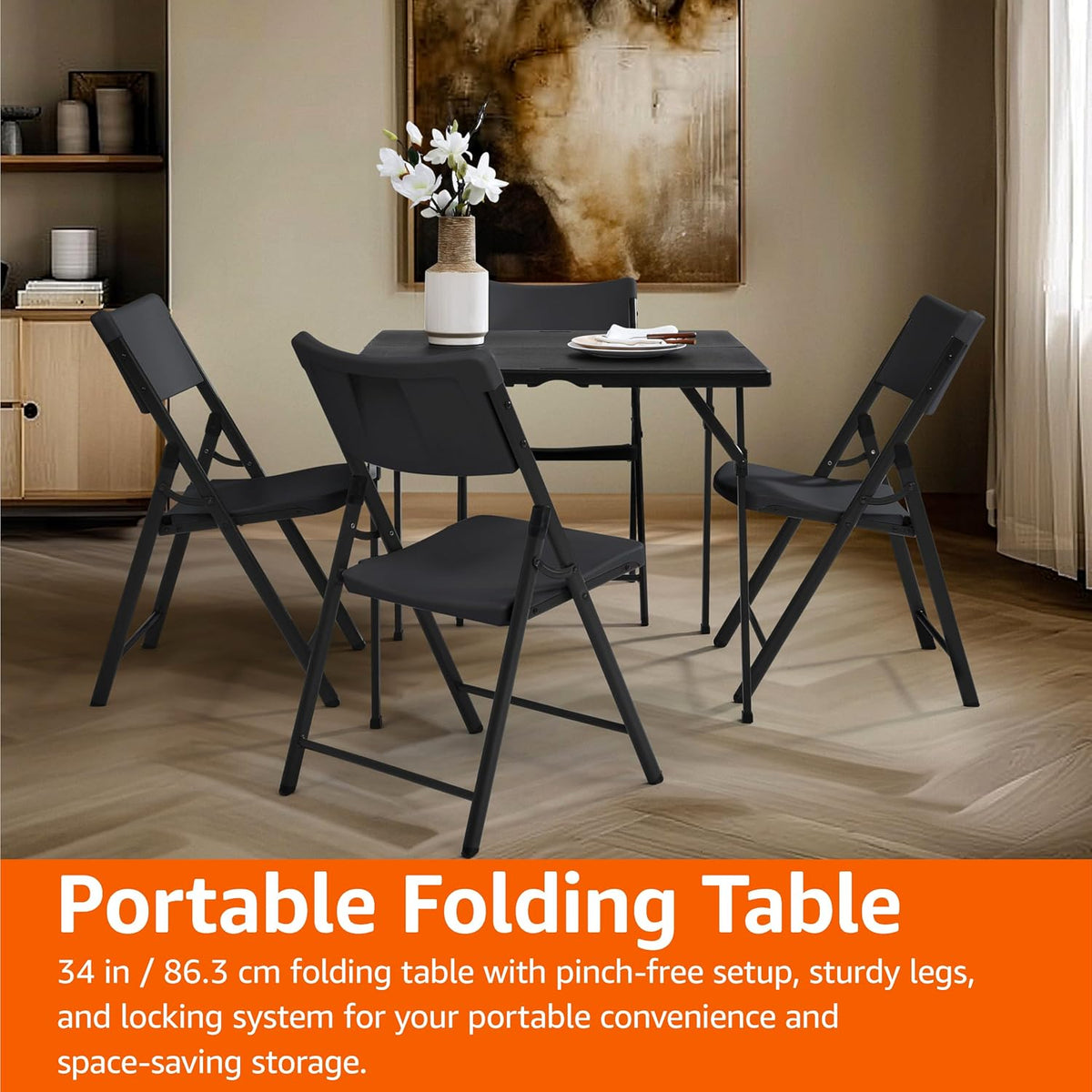 Amazon Basics 34 inch Portable Sturdy Folding Dining Table with Carrying Handle, Space Saving Storage, Square, 33.9 x 29.1 x 33.9 inch, Black