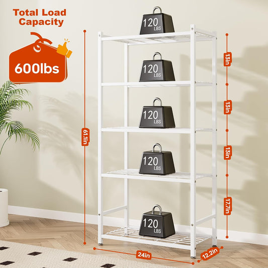 Storage Shelves, 5-Tier Metal Shelving Unit with 120 lbs Per Shelf, Leveling Feet, Storage Rack for Garage, Kitchen, Pantry, Closet, 24" x 12.2" x 61.1", White