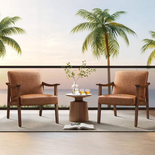 Yaheetech Accent Chairs Set of 2, Mid-Century Faux Leather Armchairs Brown