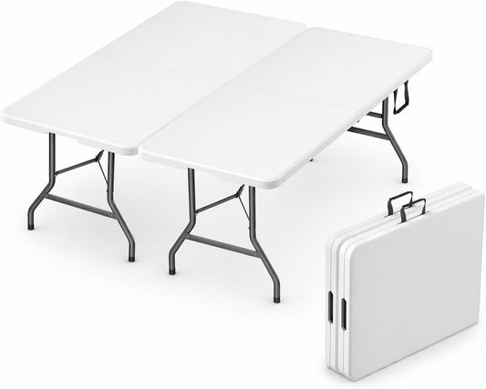 2 Pack of 6 Feet Foldable Table with Built in Handle & Steel Legs | 6FT Heavy Duty Folding Portable | Perfect for Party, Dining, Wedding, Events, Picnic Indoor, Outdoor Camping Folding - 6 Foot