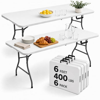 6FT Folding Table 4 Pack, Heavy Duty Plastic Table with Handel, 400lbs Portable Table, Reinforced Steel Legs, Fold-in-Half Table Ideal for Parties, Picnics, Weddings, Camping White