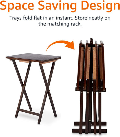 Amazon Basics Portable Foldable TV Tray Table with Storage Rack, Space-Saving Design, Sturdy Wood, 14.6" L x 19" W x 26" H, Espresso, 4-Pack