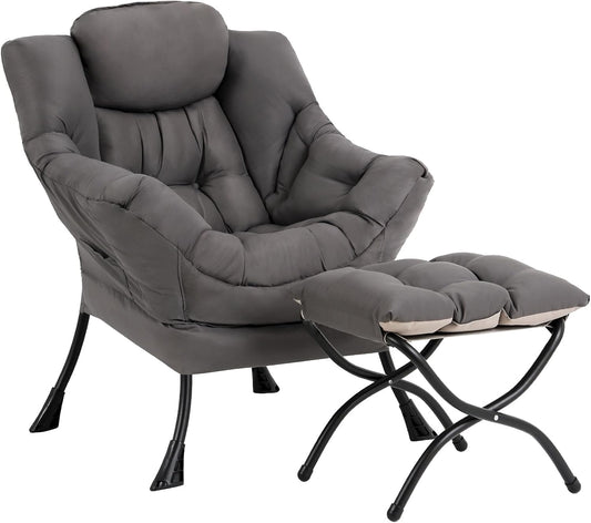 Welnow Lazy Chair with Ottoman, Reading Chair with Footrest,Dark Grey