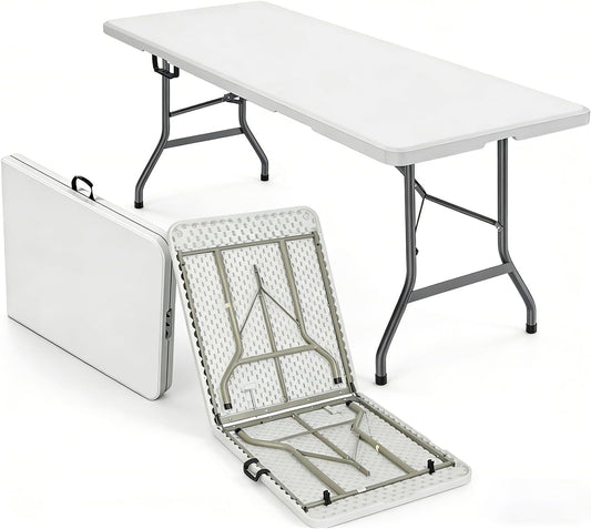6FT Folding Table,Portable White HDPE Utility Table with Carry Handle