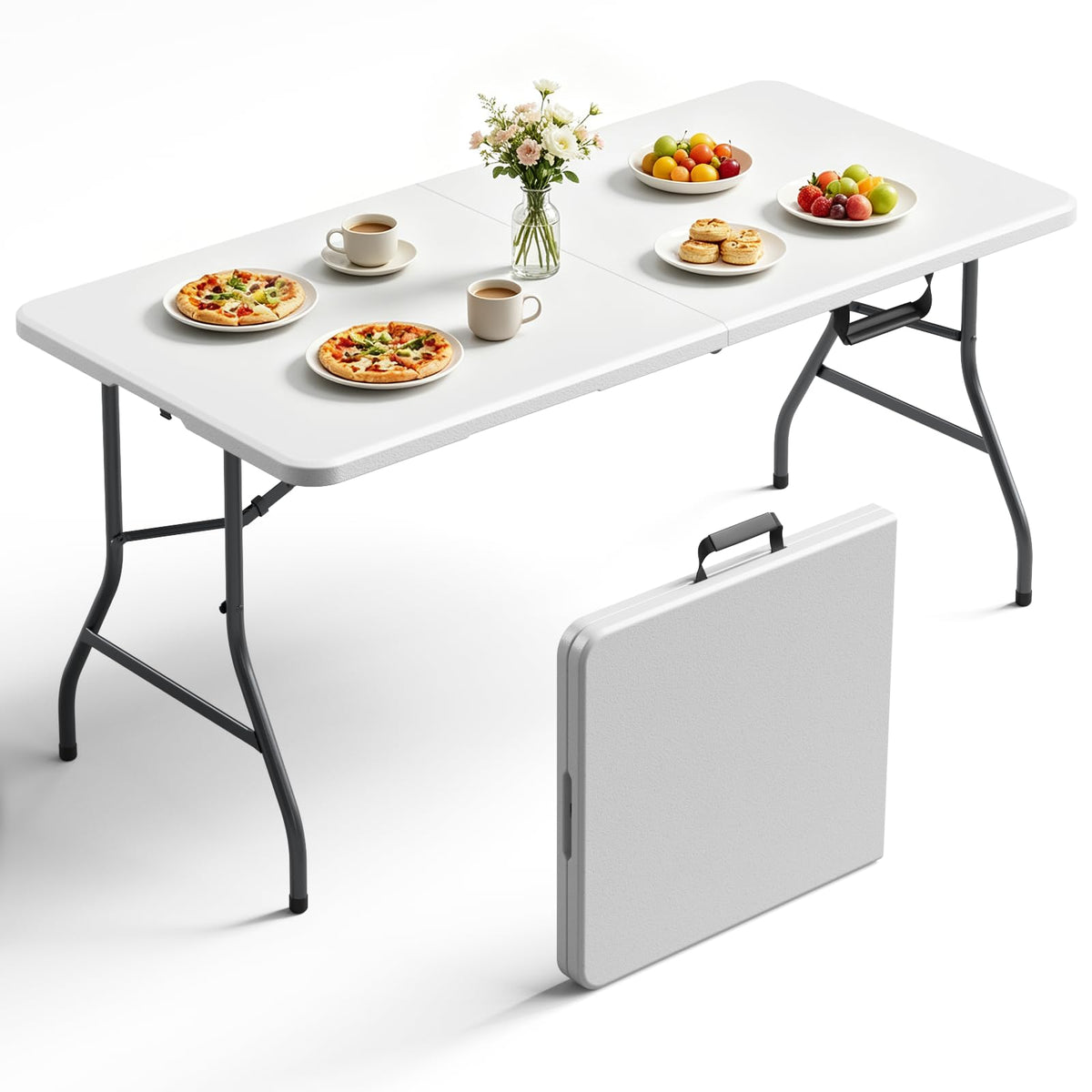 6FT Folding Table 4 Pack,Heavy Duty Plastic Foldable Tables with Carry Handles,Fold-in-Half Portable Utility Tables with Steel Legs for Party,Wedding,Banquet, Camping,Picnic,Event,Indoor Outdoor,White