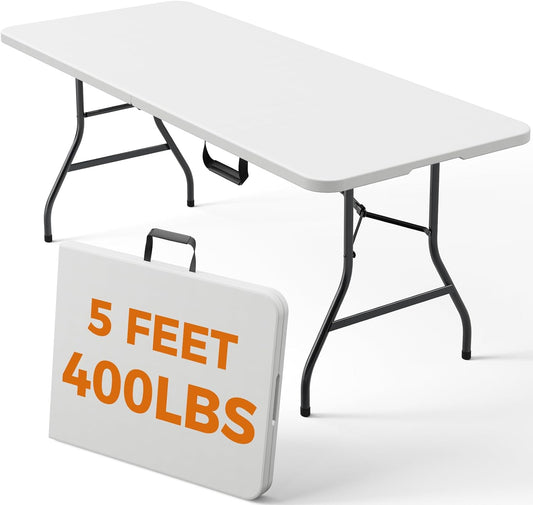 5 FT Folding Table, Heavy Duty Fold in Half Plastic Tables with Carry Handle, Portable Indoor Outdoor Utility Table for Party, Picnic, Camping, Banquet, Wedding, RV Travel