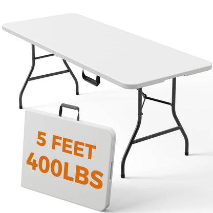 5 FT Folding Table, Heavy Duty Fold in Half Plastic Tables with Carry Handle, Portable Indoor Outdoor Utility Table for Party, Picnic, Camping, Banquet, Wedding, RV Travel