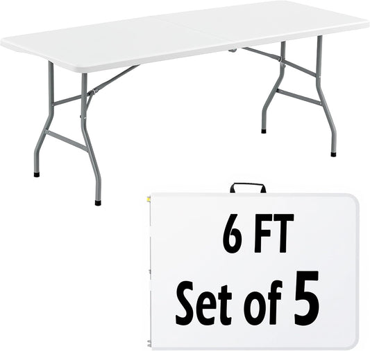 6FT White Plastic Folding Table Heavy Duty Tables Set of 5