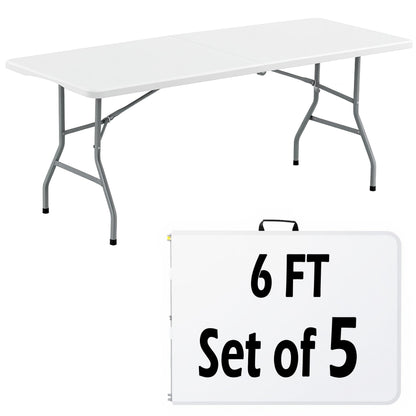 6FT White Plastic Folding Table Heavy Duty Tables Set of 5