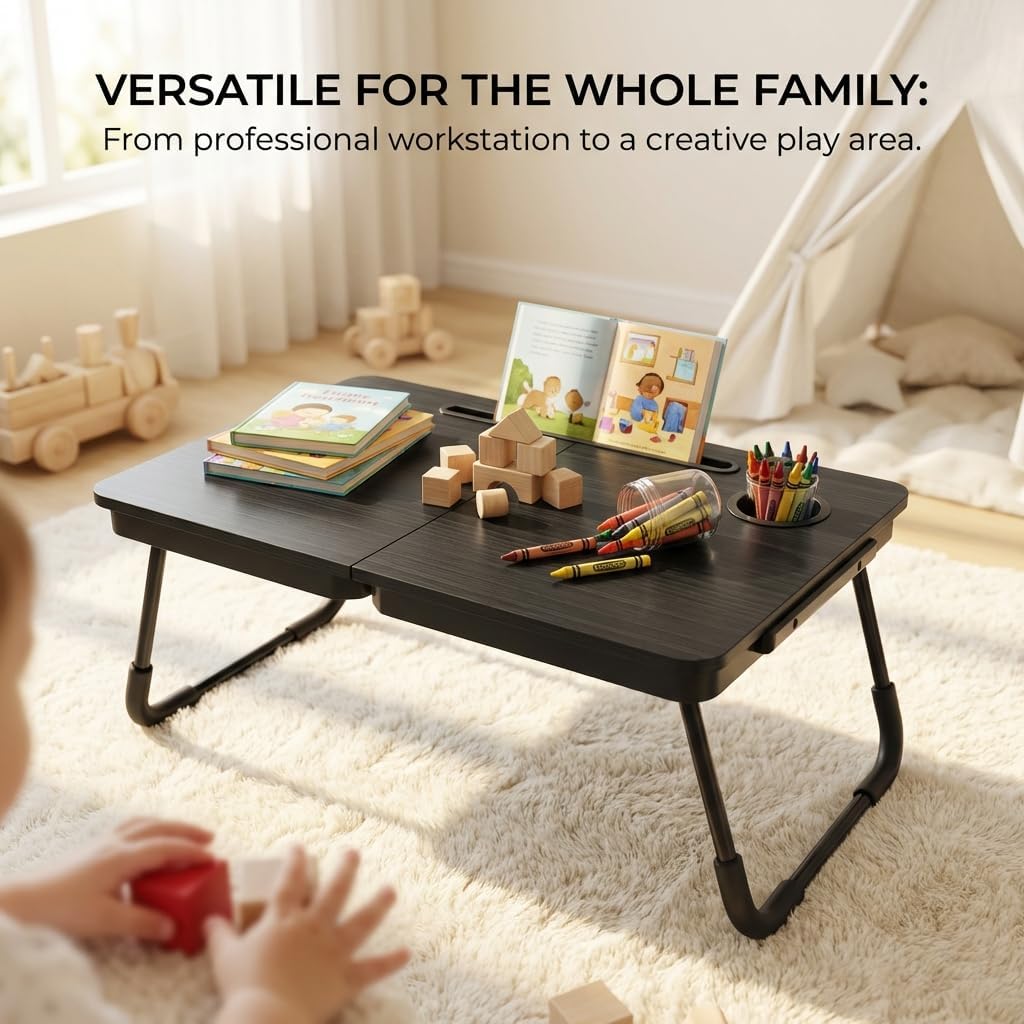 BUYIFY 23.4" Foldable Lap Desk Bed Table with Cup Holder Tray Black