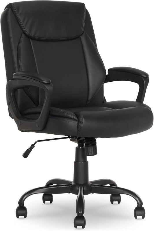 Amazon Basics Classic Puresoft PU Padded Mid-Back Office Desk Chair with Armrest, Easy Assembly, Sturdy Metal Base, Wheels, 275lb Support, 26"D x 23.75"W x 42"H, Black