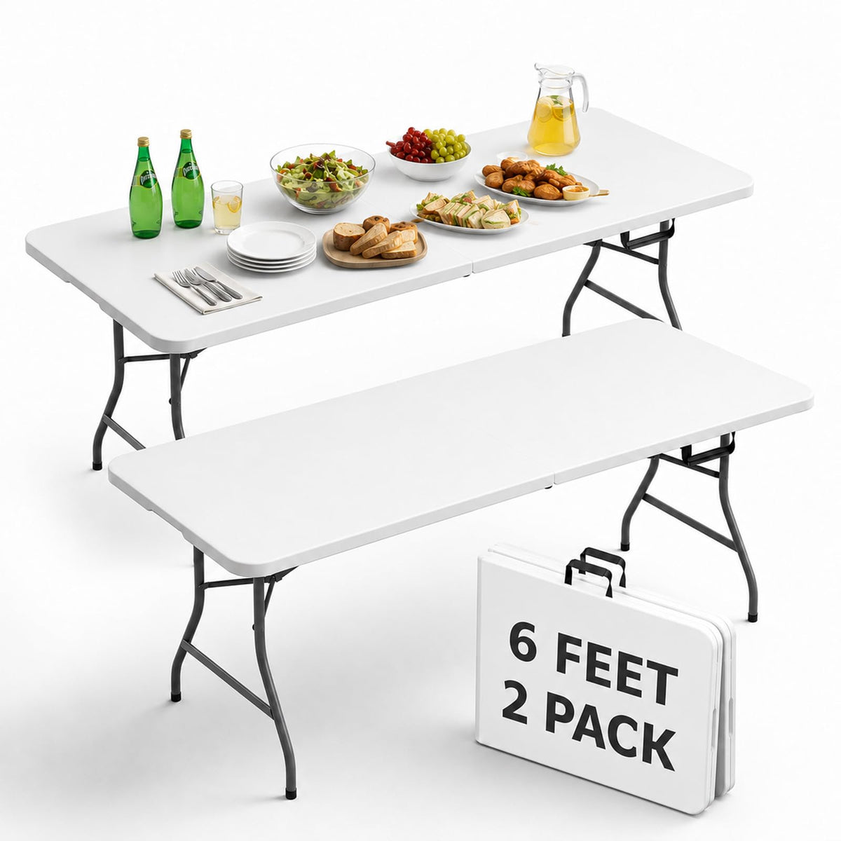 6FT Folding Table 4 Pack, Heavy Duty Plastic Table with Handel, 400lbs Portable Table, Reinforced Steel Legs, Fold-in-Half Table Ideal for Parties, Picnics, Weddings, Camping White