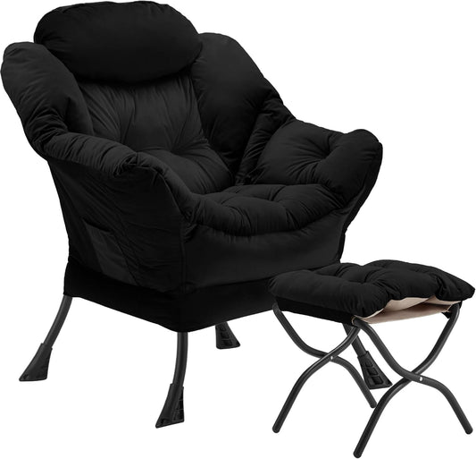 Youtanic Lazy Chair with Folding Ottoman, Accent Chair Velvet Upholstered with Metal Structure and Non-Slip Pads, Sofa Armchair with Footrest and Side Storage Bag for Dorm, Room, Office, Black