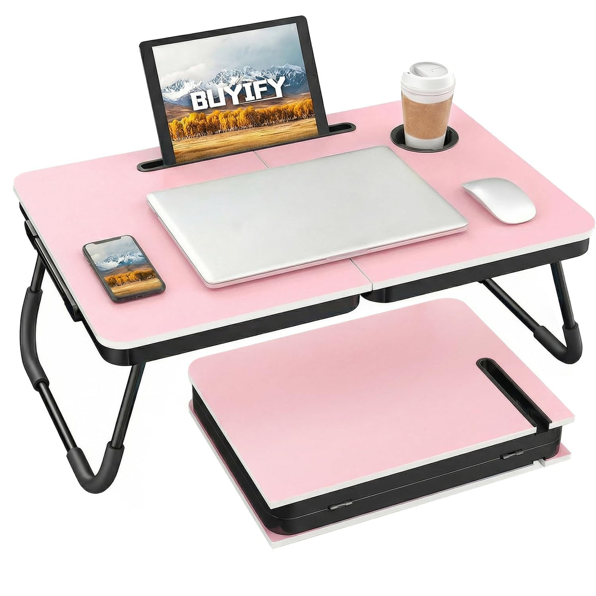 BUYIFY 23.4" Foldable Lap Desk Bed Table with Cup Holder Tray Black