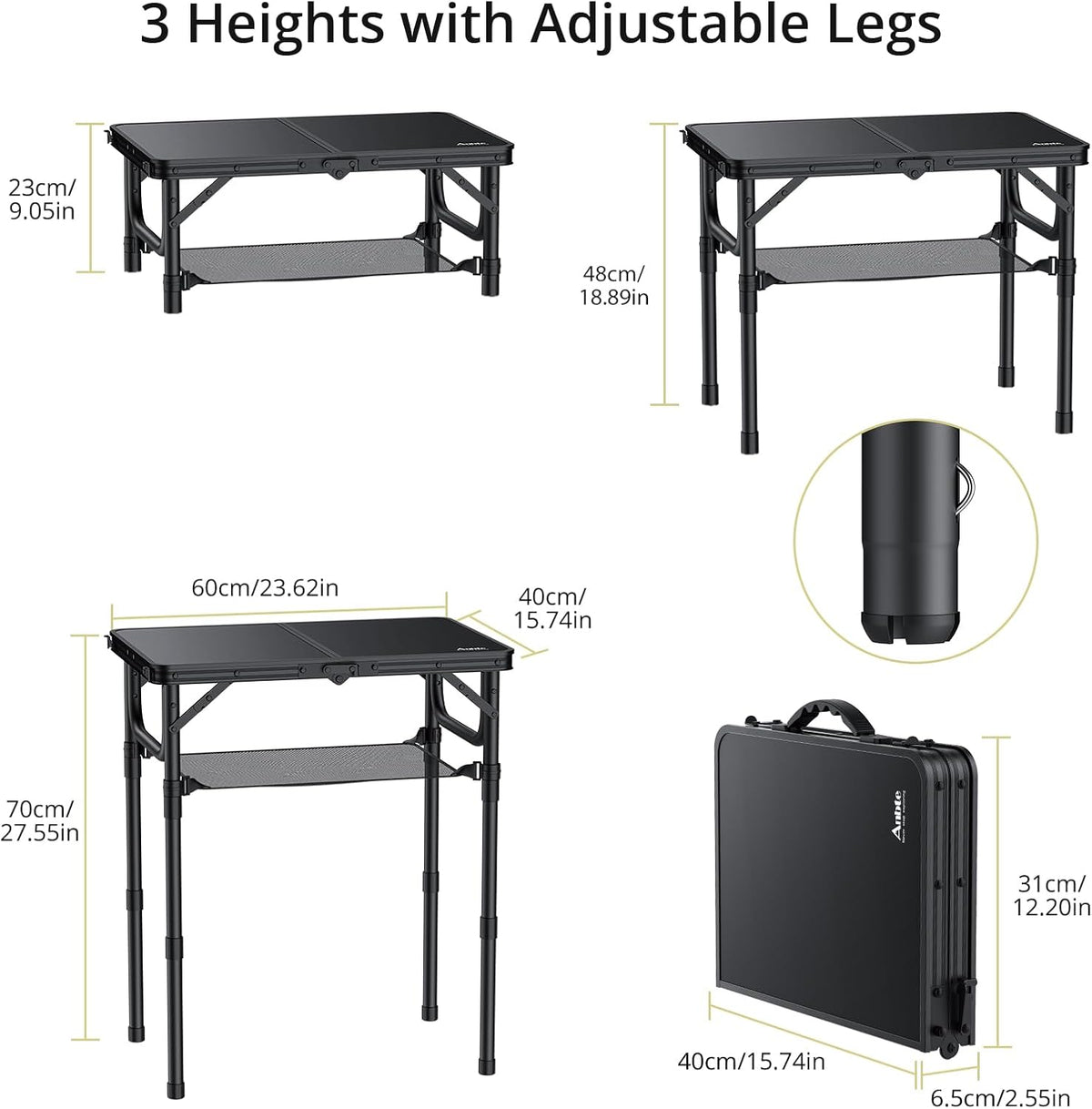 Anbte Folding Camping Table, 24"X 16" Adjustable Height Small Folding Table