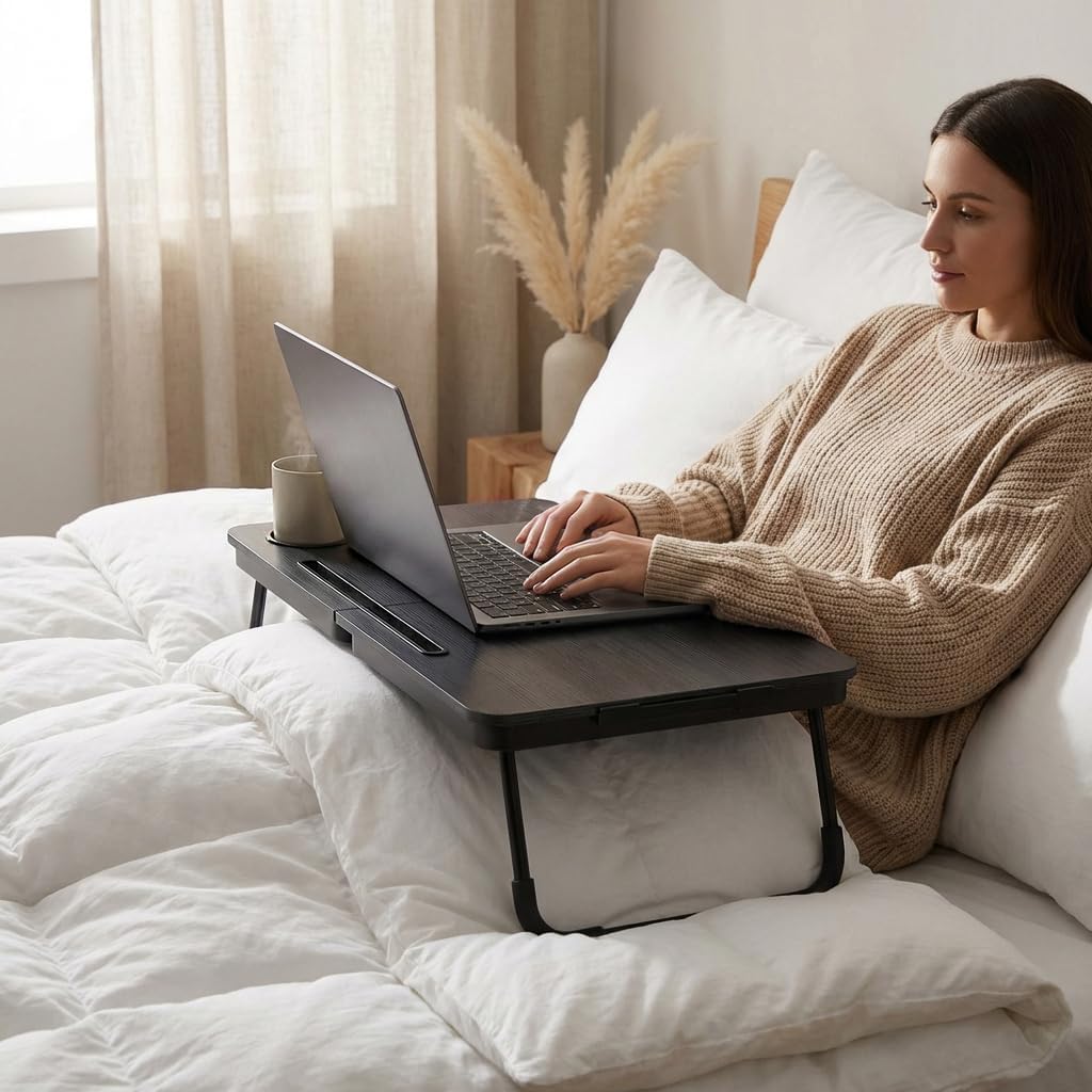 BUYIFY 23.4" Foldable Lap Desk Bed Table with Cup Holder Tray Black
