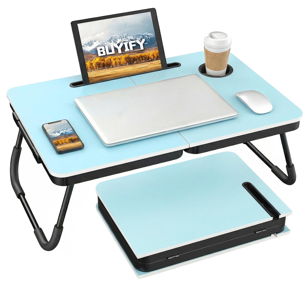BUYIFY 23.4" Foldable Lap Desk Bed Table with Cup Holder Tray Black