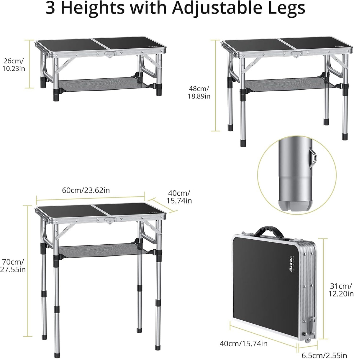 Anbte Folding Camping Table, 24"X 16" Adjustable Height Small Folding Table