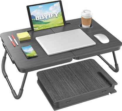 BUYIFY 23.4" Foldable Lap Desk Bed Table with Cup Holder Tray Black