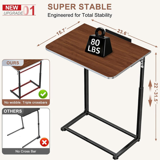 Tv Tray Table,Extra Large Dinner Food Tray Table,Couch & Bed Eating Desk,Heavy Duty Folding Laptop Side Table with 8Height&90° Tilt Adjustable,C-Shaped End Table with Phone/Tablet Slot Walnut
