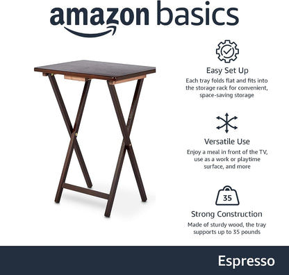 Amazon Basics Portable Foldable TV Tray Table with Storage Rack, Space-Saving Design, Sturdy Wood, 14.6" L x 19" W x 26" H, Espresso, 4-Pack