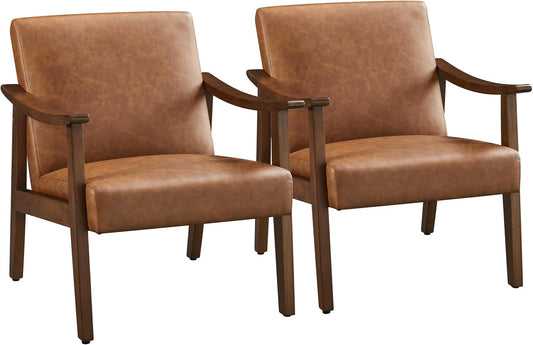 Yaheetech Accent Chairs Set of 2, Mid-Century Faux Leather Armchairs Brown