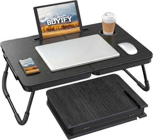 BUYIFY 23.4" Foldable Lap Desk Bed Table with Cup Holder Tray Black