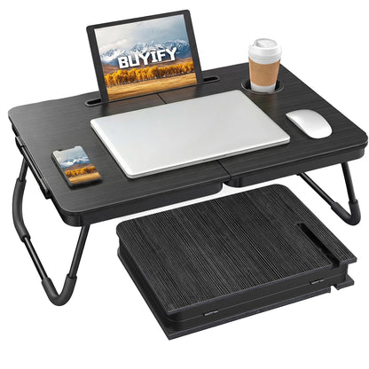 BUYIFY 23.4" Foldable Lap Desk Bed Table with Cup Holder Tray Black