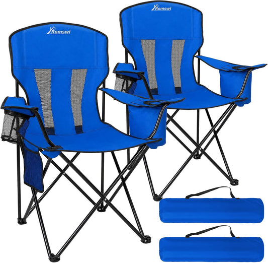 Camping Chairs for Adults 2 Pack, Folding Chair with 4-Can Cooler Bag & Cup Holder, Portable Heavy Duty Outdoor Chair with Mesh Back for Camping, Beach, Lawn, Fishing, Blue