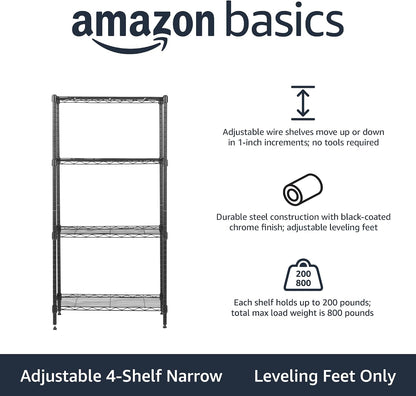 Amazon Basics 4-Shelf Steel Wire Storage Shelves for Garage, Adjustable Metal Shelving Unit, 200 lbs Per Shelf, 23.2" W x 48" H x 13.4" D, Black